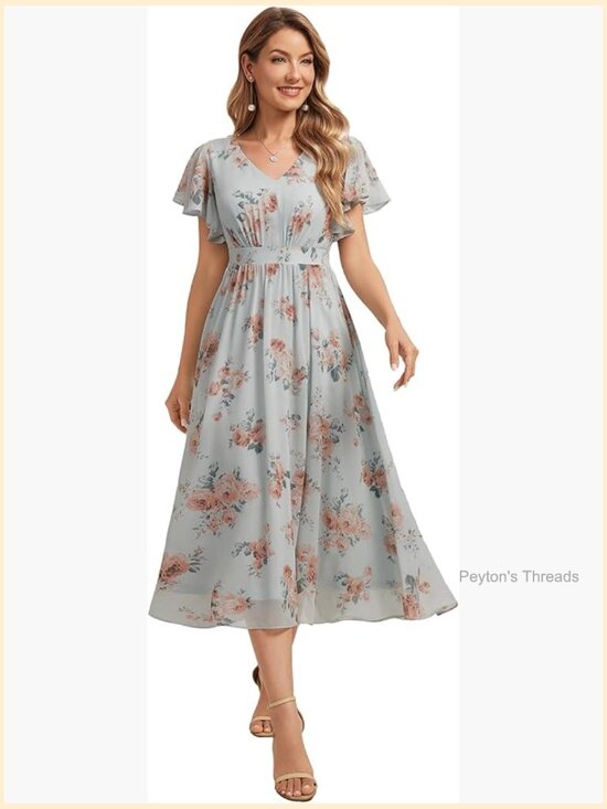 Dresses & Skirts - Floral Chiffon Midi A-Line V-Neck Smocked Bodice Short Ruffle Sleeve